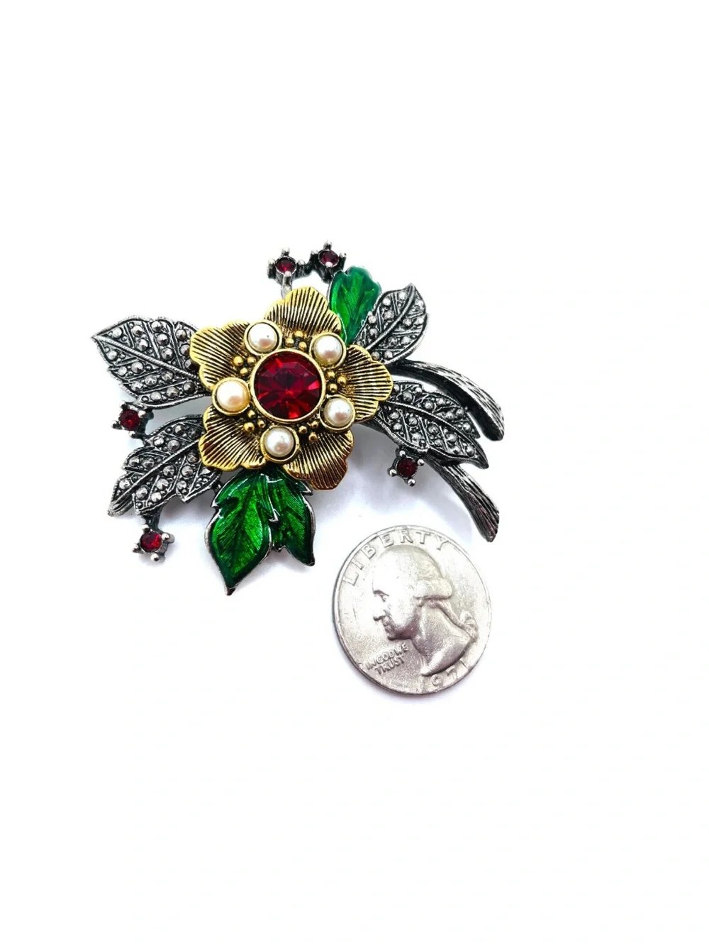 Vintage AVON Signed Floral Brooch Silver Gold Tone Red Rhinestone Faux Pearl Pin